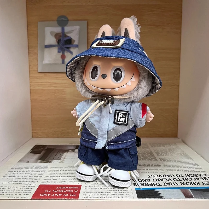 

For Labubu Cool 17cm Macaron Doll Workwear Pants And Jacket Clothing Set With Beans For Dolls Fashionable Toys And Accessories