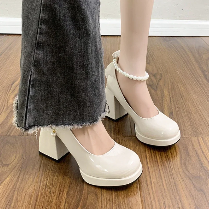 Sepatu hak tinggi wanita mewah elegan pita kaki persegi sepatu Mary Jane sepatu pesta pernikahan renda mutiara sepatu pump wanita Platform mode