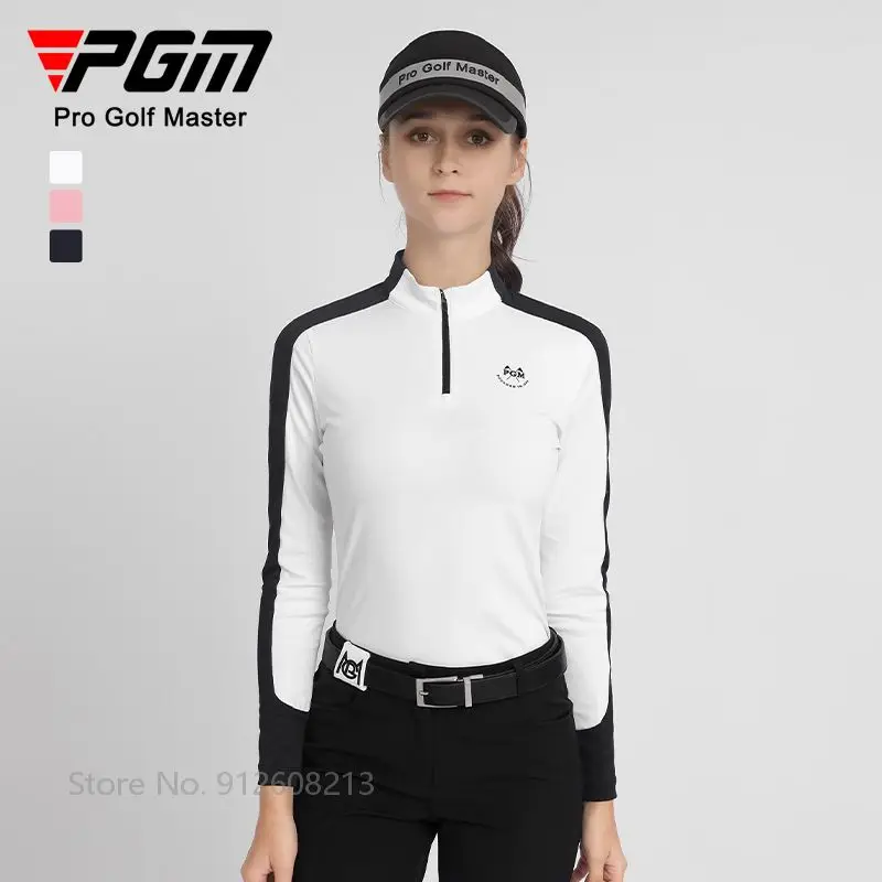 PGM Female Long-sleeved Patchwork Golf T-shirt Zipper Collar Golf Tops Elastic Warm Polo Shirts Women Slim Windproof Sportswear