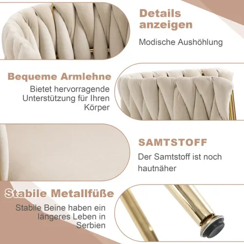 Moderne luxe fluwelen eetkamerstoelenset met gouden metalen poten, elegant en geweven ontwerp en zachte kussens (set van 2)