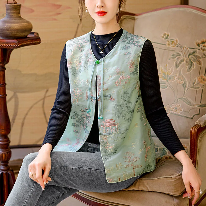 2024 woman vintage hanfu tops chinese traditional vest national flower embroidery sleeveless jacket oriental ethnic tang suit