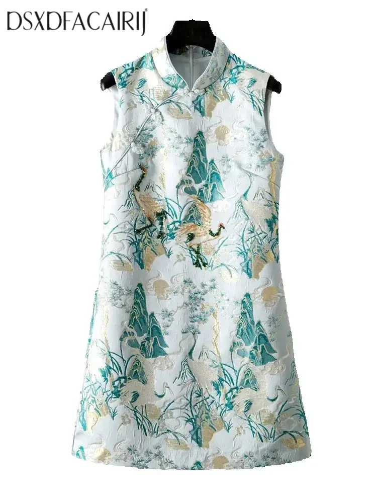 DSFACAIRIJ レディース スタンドカラー ノースリーブ ビーズ ジャカード ミニドレス 中国風 夏 ファッション 女性用