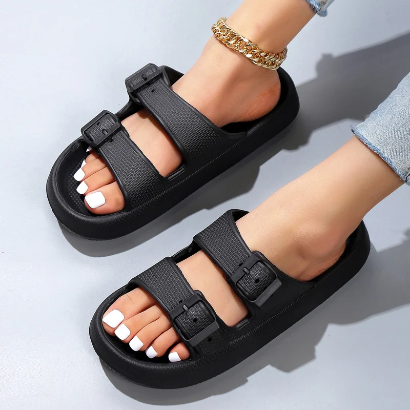 Summer Slippers Double Buckle Slide Sandals Women Couple Home Slides EVA Thick Sole Light Weight Flip Flops Bothe Shower Shoes