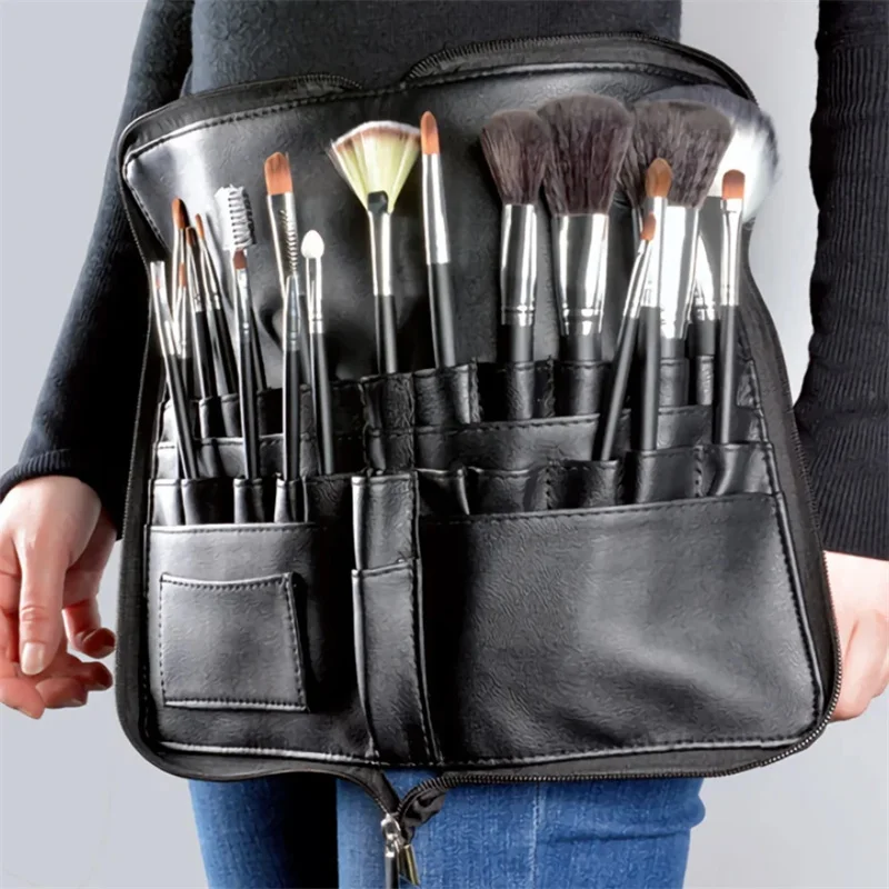 Multi-function Black Makeup Brush Bag With Belt PU Leather Cosmetic Bag Waist Bag For Professional Makeup Artist Large Capacity