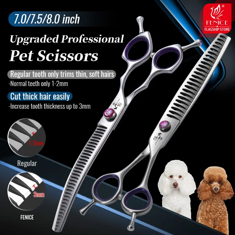 Fenice Professional 7.0/7.5/8.0 inch JP440C Alloy Steel Straight Curved Chunker Teeth Scissors Set For Pet Grooming ShearsTools