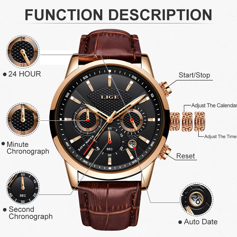 LIGE Luxury Watch Men Leather Sport Watches Men\'s Army Military Quartz Wristwatch Chronograph Male Clock Relogio Masculino+BOX