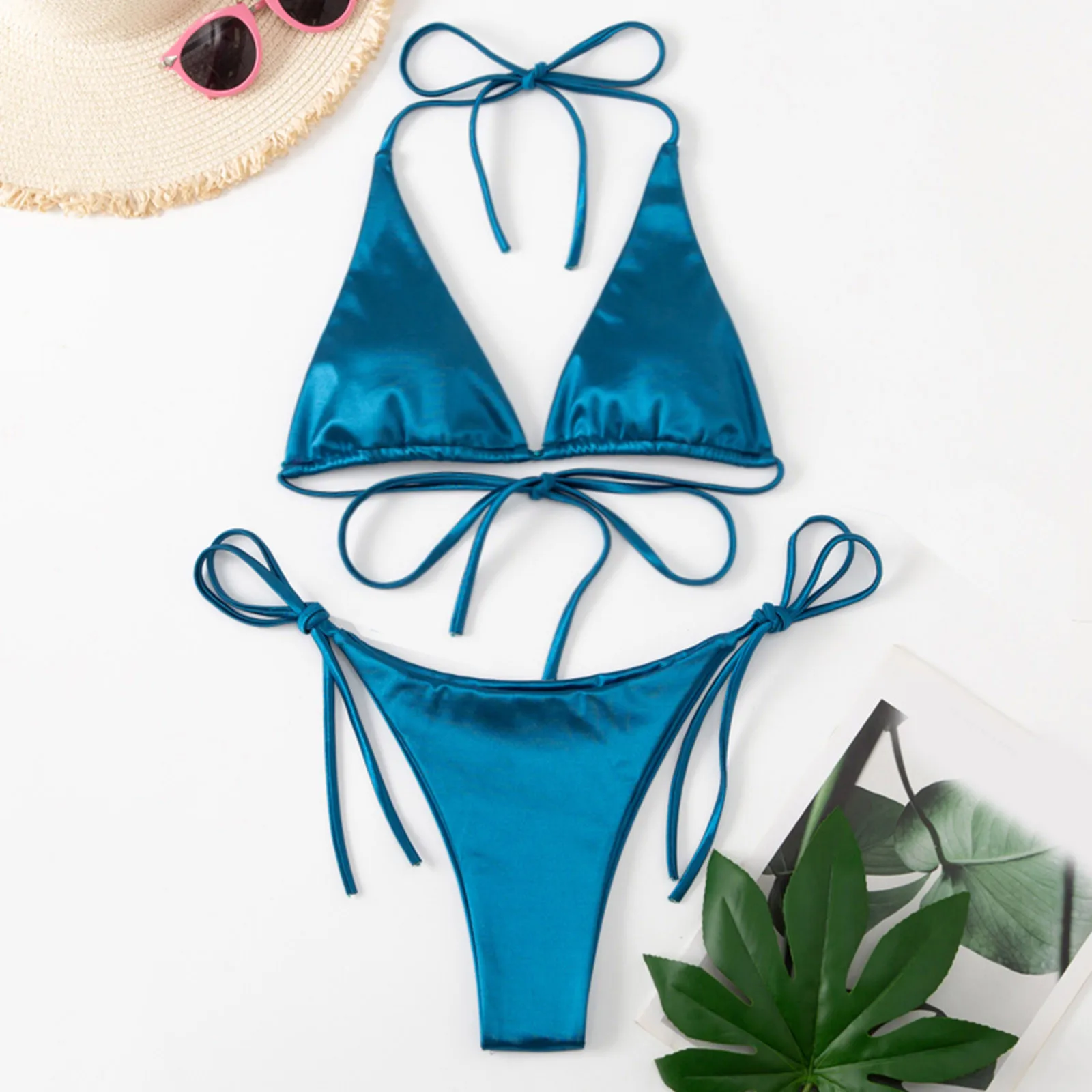 Sexy Solid Color Bikinis Swimwear Bathing Suits Summer Casual Beach Holiday Hanging Neck Tie Thong Swimwear Bikini Two Piece Set