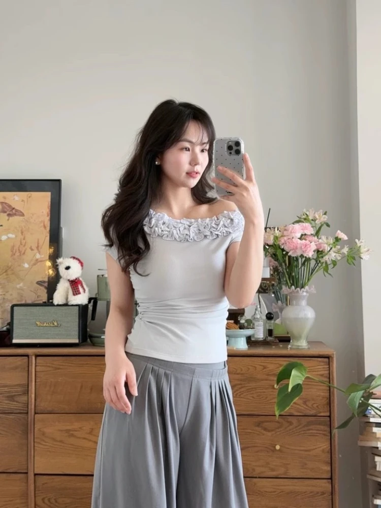 

Y2K Sexy Hot Girls Off Shoulder Short Sleeve T-shirt Women 2025 Summer Pure Desire T-shirts Slim Fit Fashion Korea Style Top