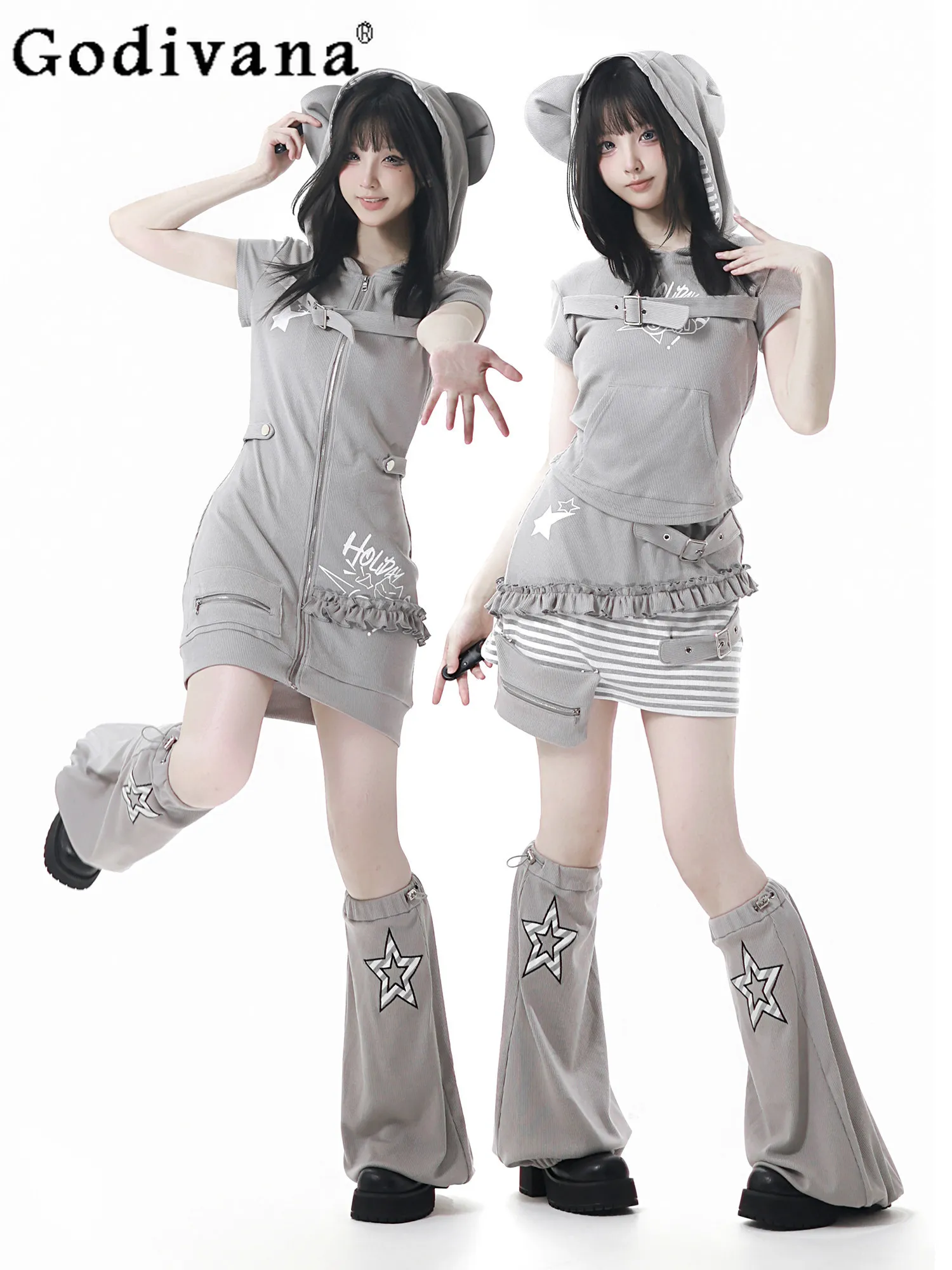 

Original Design Y2k Kawaii Girls Matching Sets Summer New Woman Sweet Cool Hooded Dress Top Skirt Leg Cover Outfit Clothing