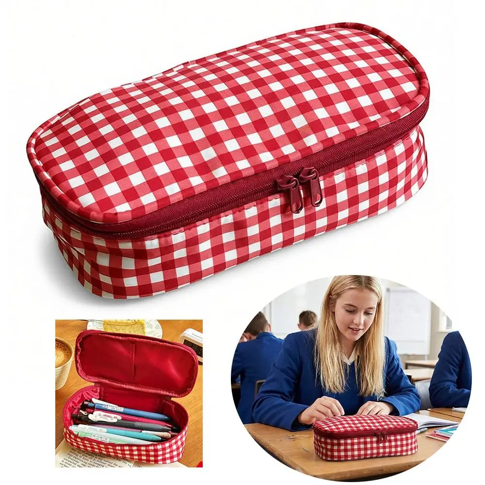 INS Red Plaid Pencil Case Large Capacity Multi-functional Stationery Pouch Pen Bag Gift
