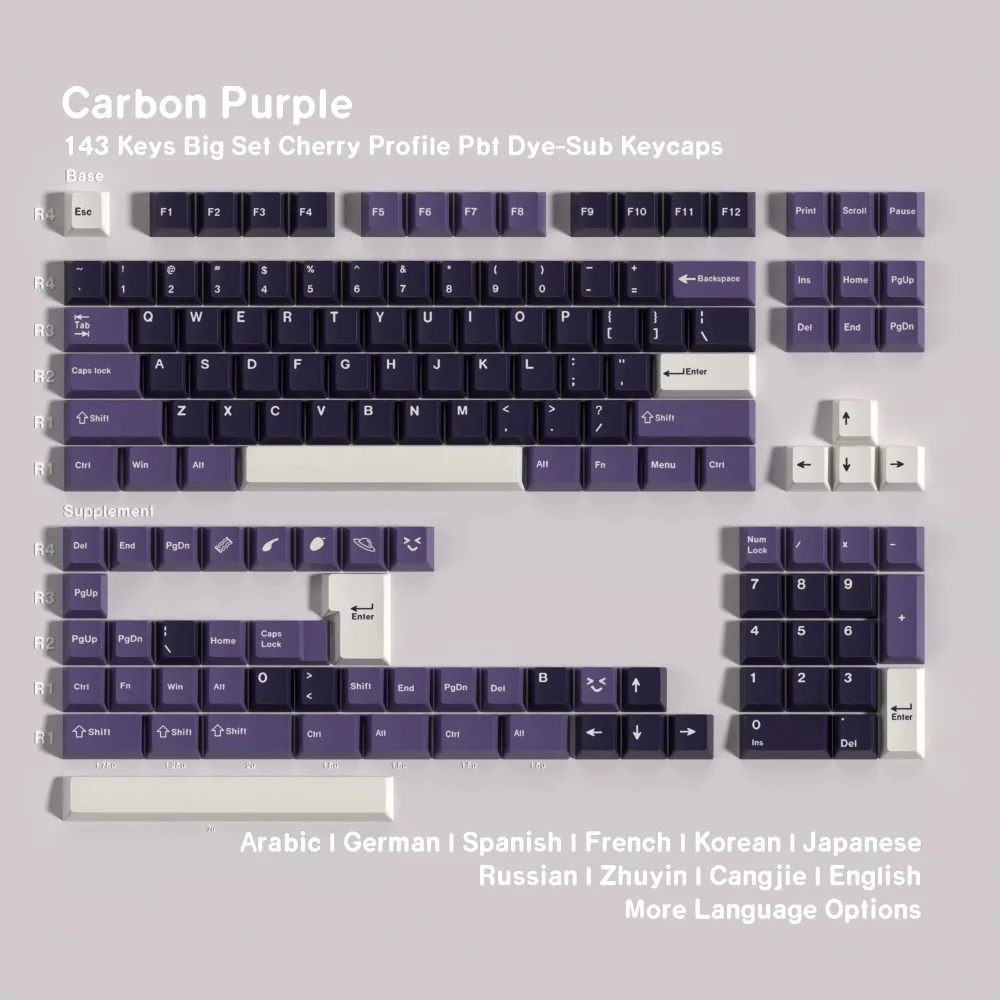 Carbon Purple Dye Sub Mechanical Keyboard Keycaps Set 143 Keys - German Korean Spanish Arabic French Russian ABNT-2 Compatible
