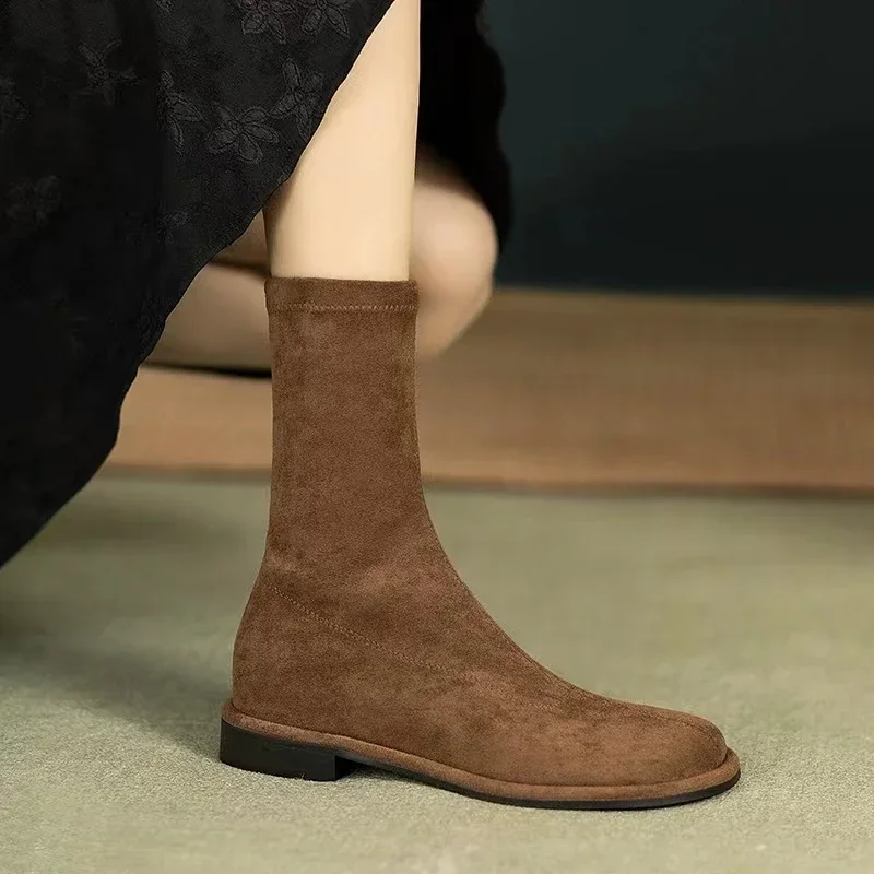 2024 Suede Women's Slim Ankle Boots Fashionable Slip-On Women's Elegant Flat Heel Short Boots Casual Street Style Women's Boots