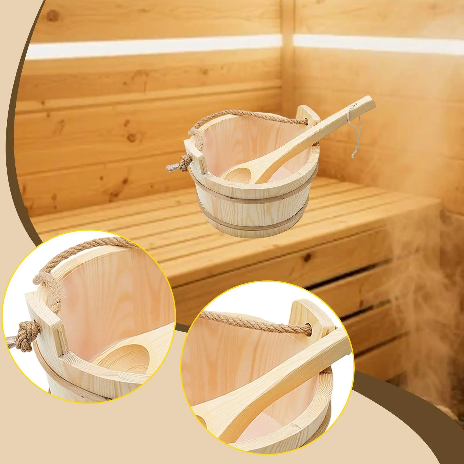 Handmade Sauna Bucket Set Wood Barrel with Ladle Bath Tub for Sauna Room Pool Steaming Spa Use