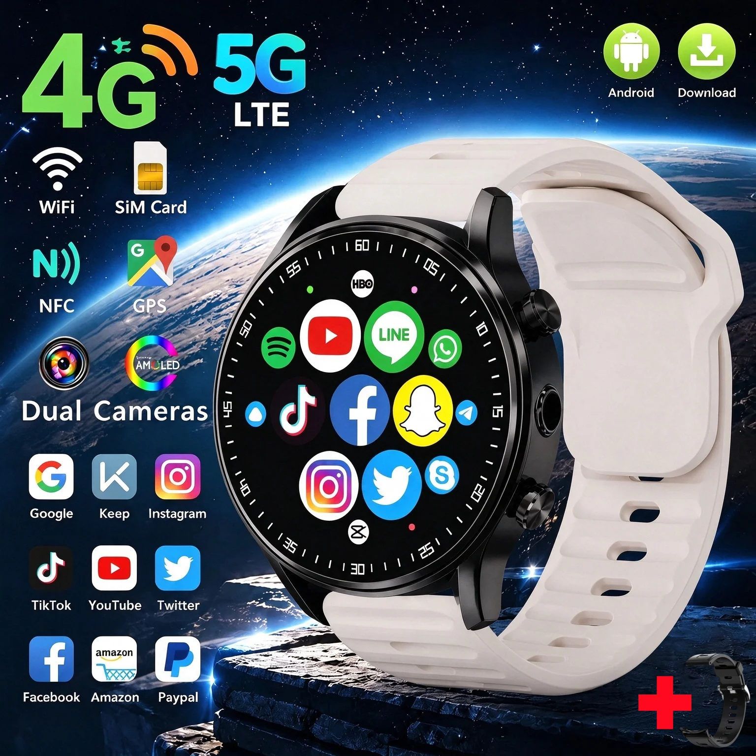 A7 5G Android Smart Watch AMOLED Display, HD Camera  WiFi Connect Video Call NFC Bluetooth Calling Outdoor Fitness Smartwatch