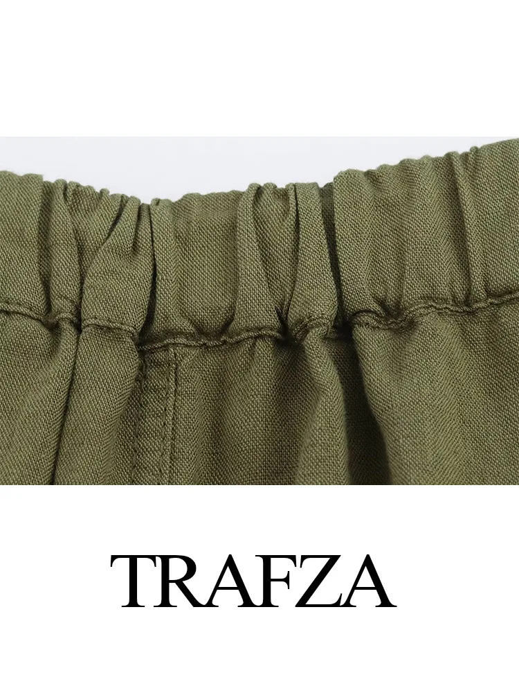 TRAFZA-Saia monocromática de linho com mistura de tornozelo para mulheres, streetwear chique, elegante e fina, zíper de cabo, elegante e chique, verão