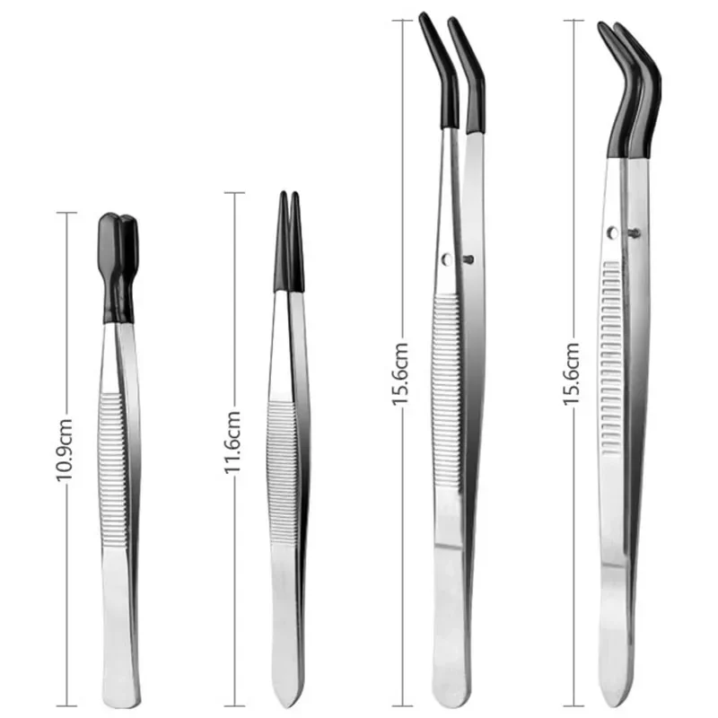 4Pcs Tweezers with Rubber Tips Set Stainless Steel Long Industrial Tweezers Bead Stamp Coin Jewelry Tweezer Clip Hand Tools