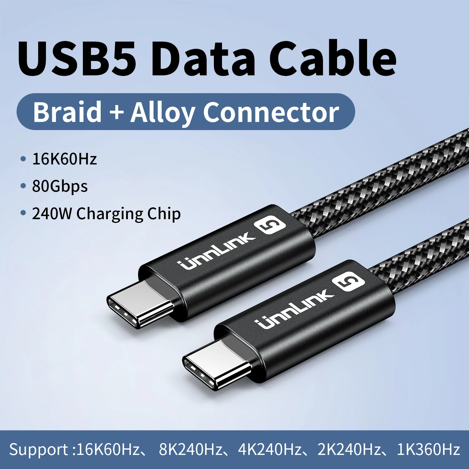 Unnlink USB 5-kabel, compatibel Thunderbolt 5/4, USB4 V2, tweeweg 80Gbps, 240W, 16K/8K, voor iPhone 17/16 Macbook PSSD