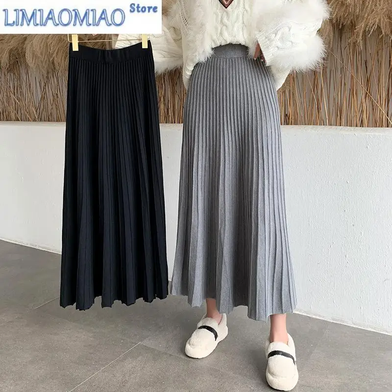 

New Thick Knitted Elastic High Waist Winter Korean Fashion Women Skirt Folds Loose A-Line Elegant Mid-Calf Long Skirts For Women