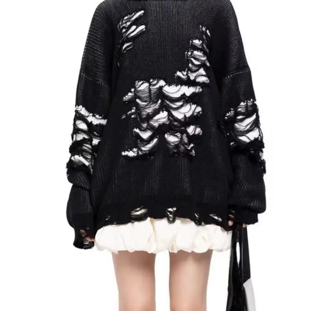 

Women's Tattered round Neck Shoulder Sleeve Sweater Autumn New Personality Street Style Top Europe And United States