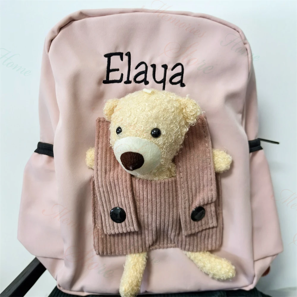 New Personalized Name Cartoon Cute Bear Nylon Backpack Custom Embroidered Any Name Kindergarten Book Bag Kid\'s Outdoor Snackbags