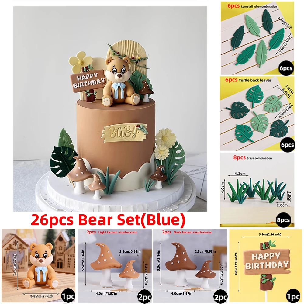 Forest Jungle Cake Decoration Blue Western-Style Bear Cake Topper Animal Mushroom Leaves Grass Happy 1st Birthday Party Supplies