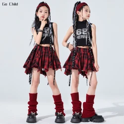 Kids Hip Hop Crop Top Plaid Street Dance Skirt Girls Ribbon Pleated Skirts Teens Jazz Cool Costumes Child Streetwear Clothes Set