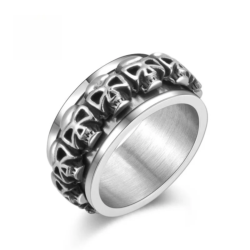 Men Skull Rotatable Ring Stainless Steel Multi‑Skull Spinner Ring Vintage Punk Biker Finger Ring Gothic Party Jewelry Gift