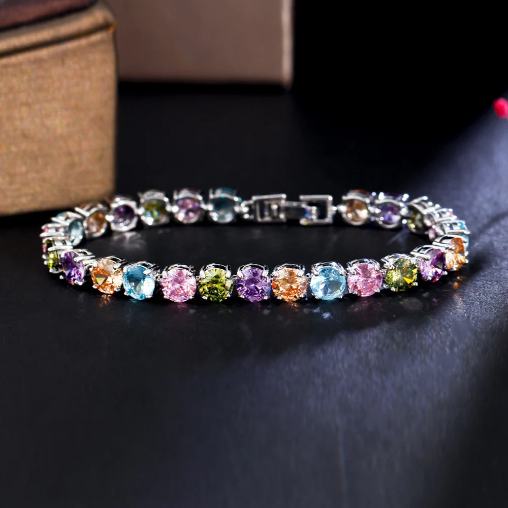 ThreeGraces Shiny Multicolor Cubic Zirconia Fashion Round CZ Tennis Bracelet for Women New Trendy Daily Party Jewelry BR388