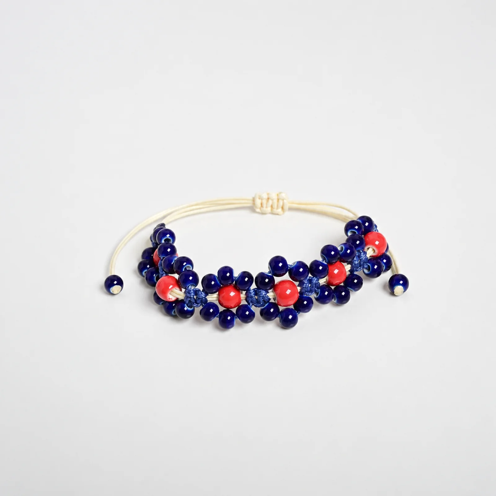Blue Flame Red Tone Handmade Ceramic Bead Bracelet Handwoven Waxed Cord Adjustable Artisan Beaded Jewelry 608P17-19