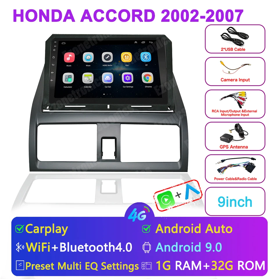 9 inch for Honda Accord 2002-2007 wireless Carplay Android Auto Radio Capacitive Touch Screen GPS Navigation USB Player Stereo