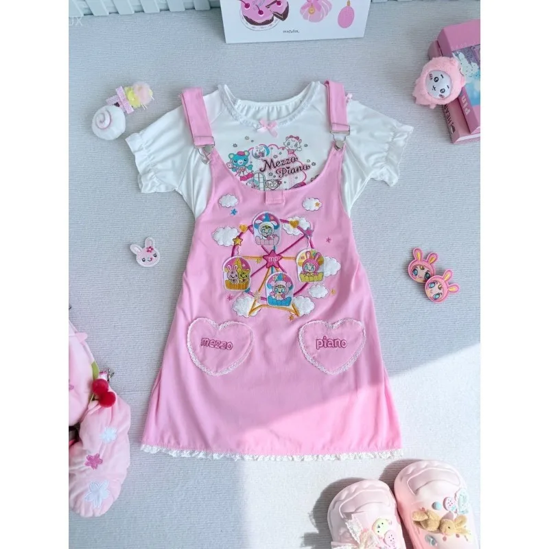 Cute All Match High Street Casual 2 Piecfe Sets Y2k Simple O Neck Short Sleeeve Tops Pink Kawaii Cartoon Embroidery Strap Dress