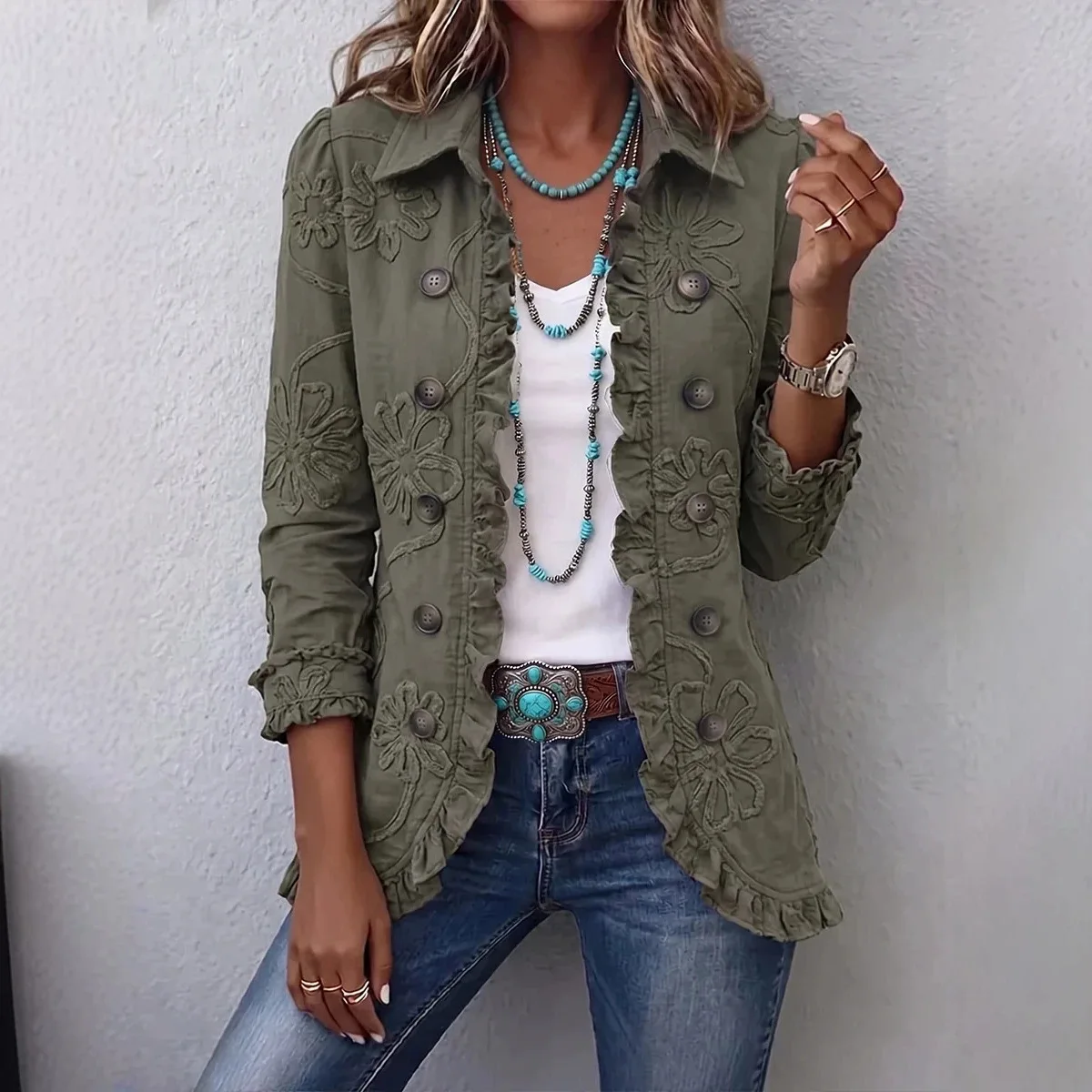 Spring Autumn New Women's Shirt Lapel Collar Long Sleeve Ruffled Trim Button Decor Cardigan  casual Printed Shirt Thin