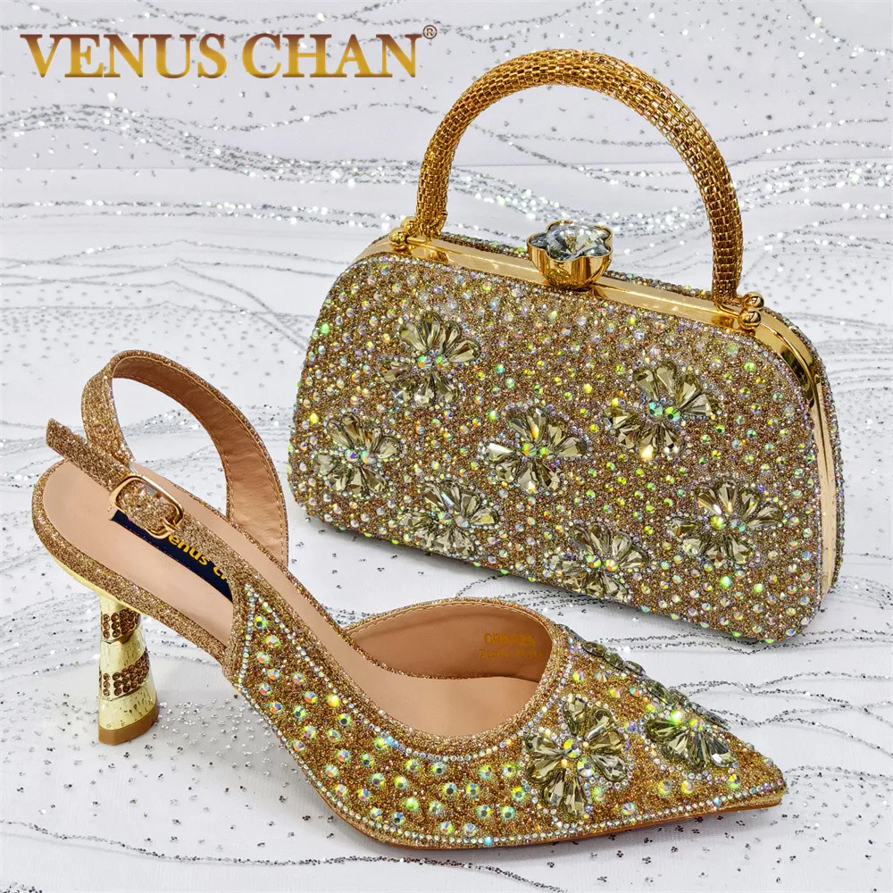 

Nigerian Fashion Crystal-Embellished Peach High Heel Shoes and Bag Set for Ladies – Perfect for Parties and Celebrations