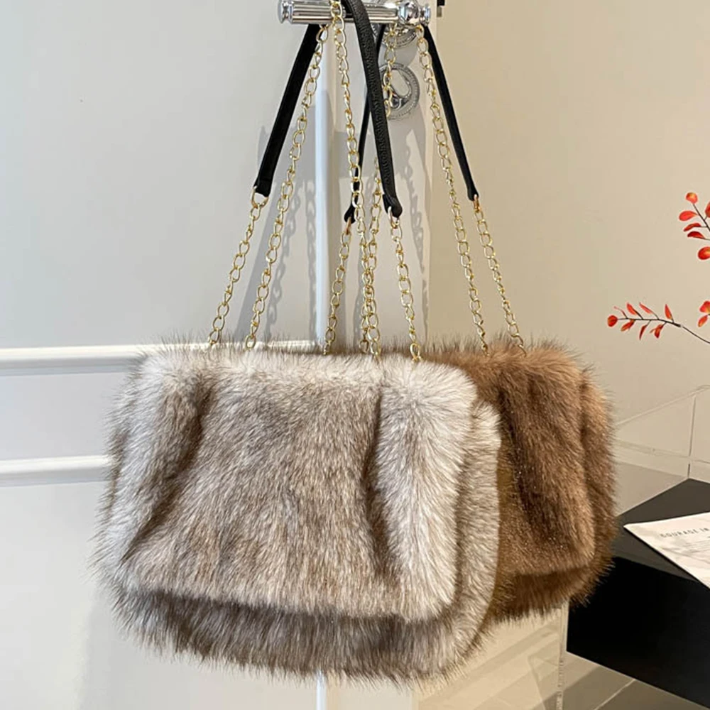 Fluffy Soft Plush Tote Women's Bag Winter Faux Fur Bags for Women Shoulder Bag NEW Chains Crossbody Bags Shopping Handbag Purses