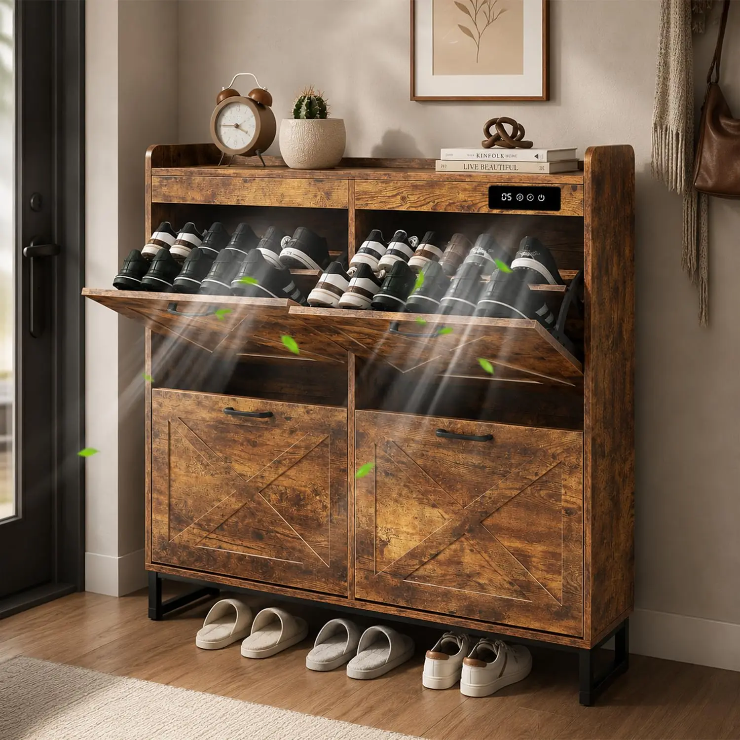 Shoe Cabinet with Deodorizer & 4 Flip Drawers, Entryway Storage Organizer with Metal Legs, Narrow Shoe Rack, Brown, Customized