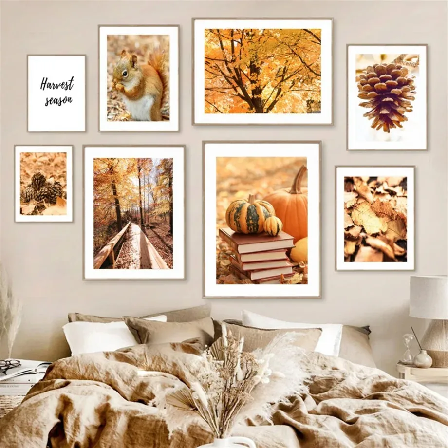 Autumn Deciduous Maple Leaf Pumpkin Road Wall Art Canvas Painting Nordic Posters And Prints Wall Pictures For Living Room Decor