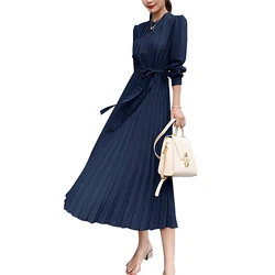 Spring Summer Women Elegant Long Dress Solid Long Sleeve Belt Lace Up Dress Loose Casual Office Lady Pleated Dress -1pcs