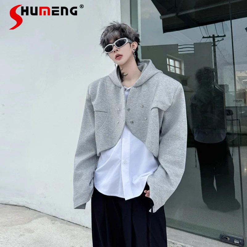 

2025 Autumn New Contrast Color Hooded Jackets Men Faux Two-Piece Design Trendy Tops Male Handsome Long Sleeve Fashion Chic Coats