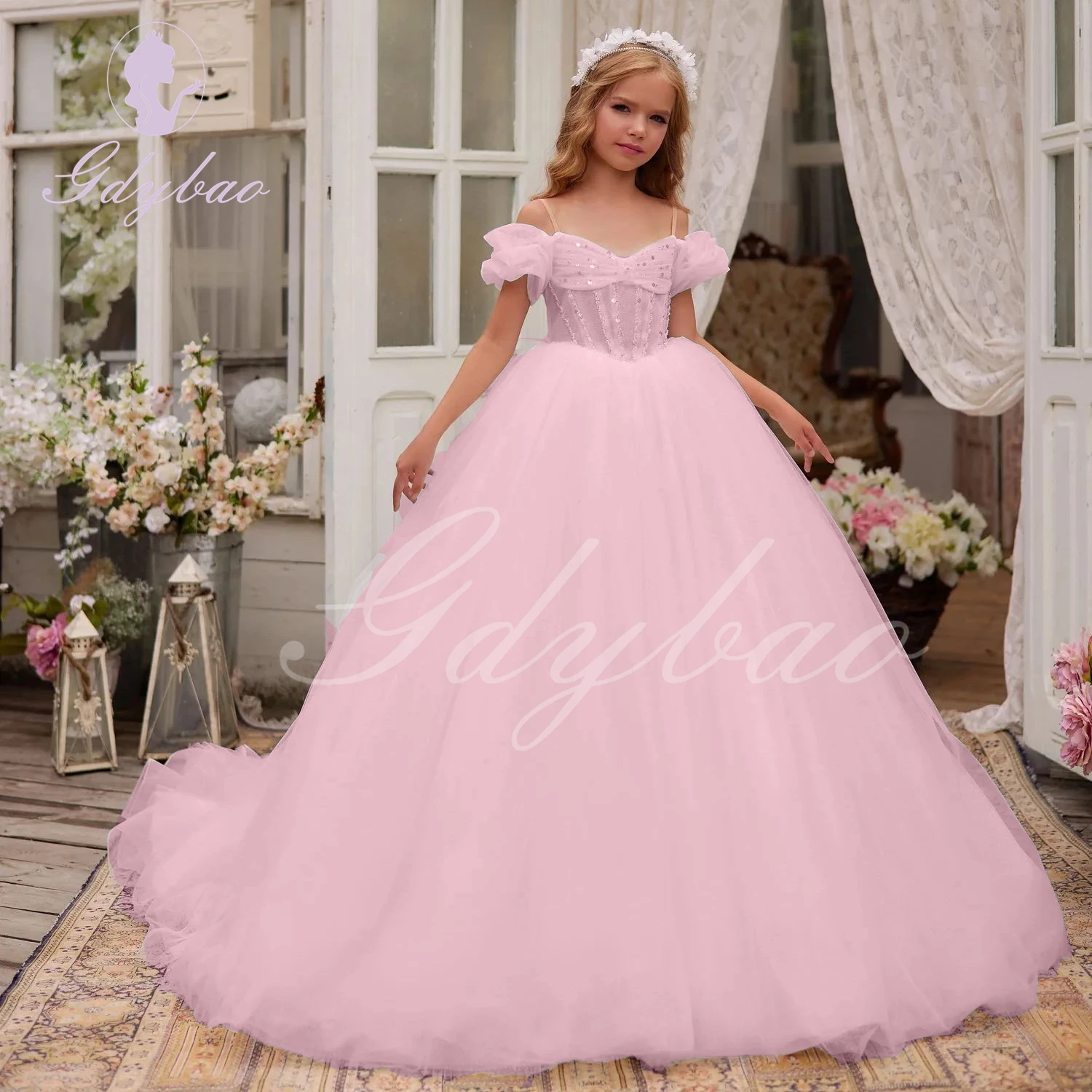 Pink Flower Girl Dress For Wedding Beaded Applique Floor Length Tulle Suspenders Princess Kids Birthday First Communion Gown