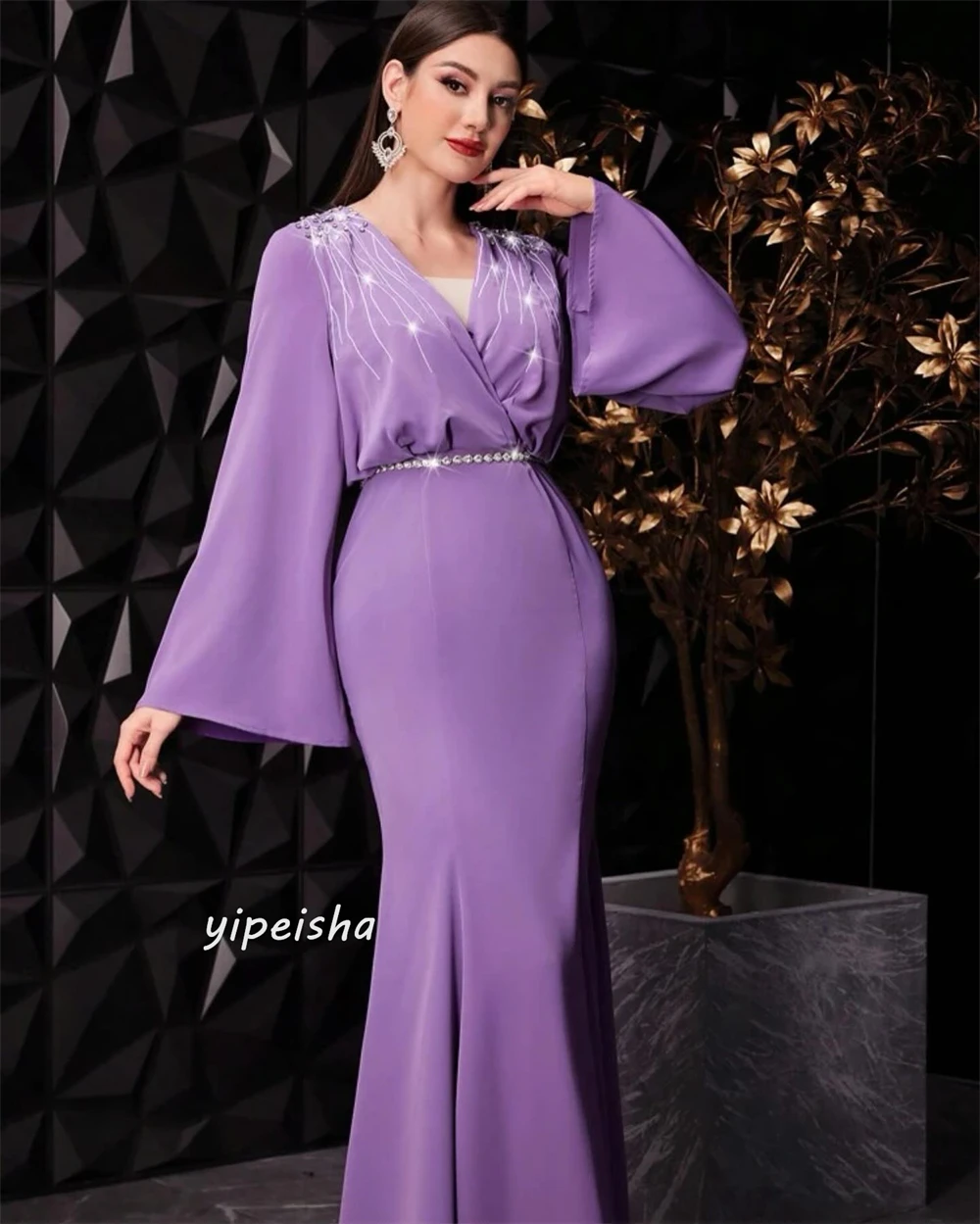   Satin Beading Draped Ruffles Valentine's Day Mermaid V-Neck Bespoke Occasion Gown Long Sleeve Dresses