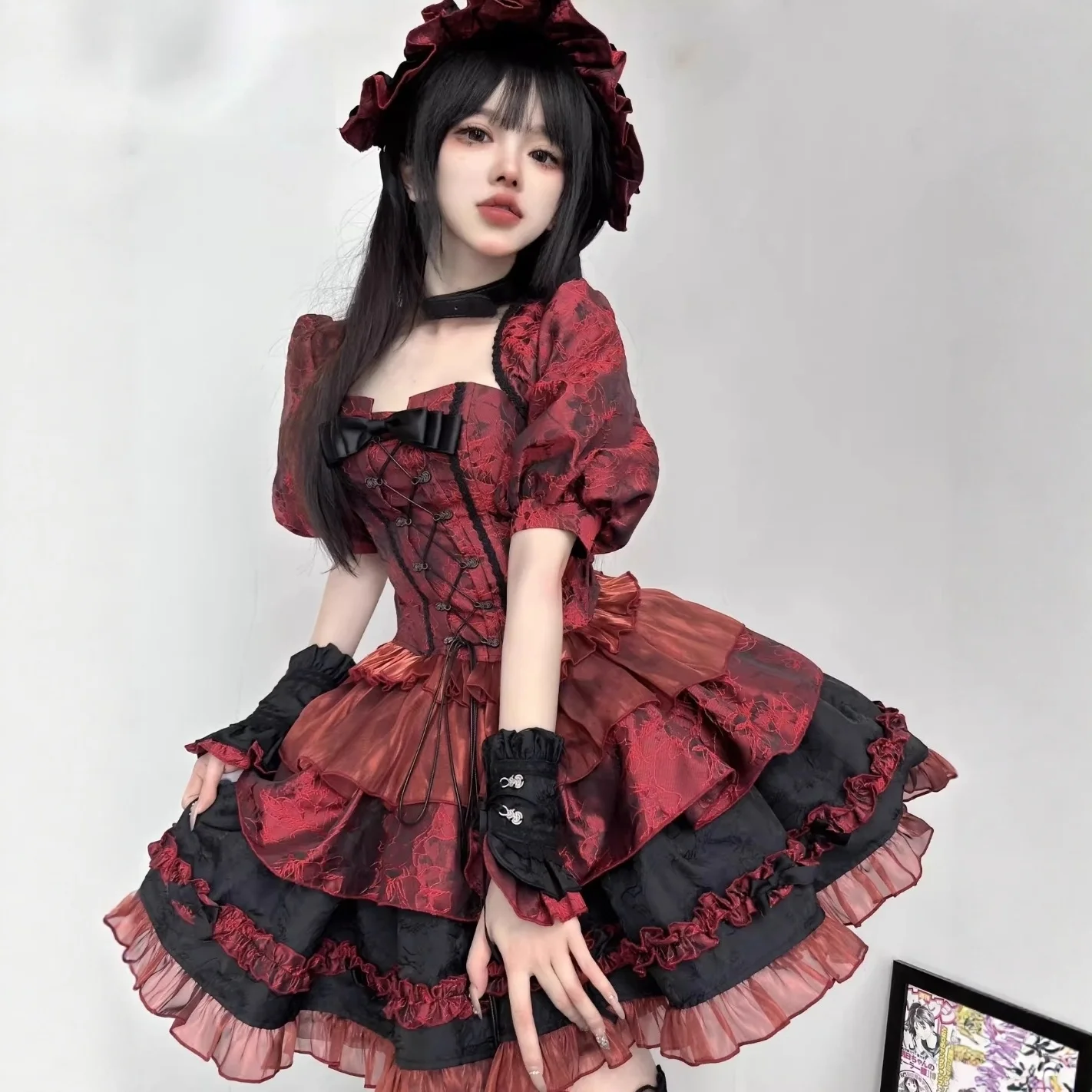 تنورة لوليتا لوليتا باللون الأحمر من Loween Fibone ter طقم أورم للمدرسة الحلوة للسيدات لخريف 2025 #5