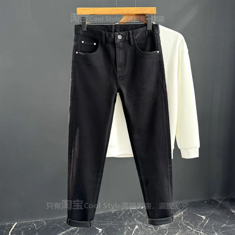 High end trendy brand with thick velvet black jeans, men's stretch slim fit, small feet, winter warmth, light luxury pants
