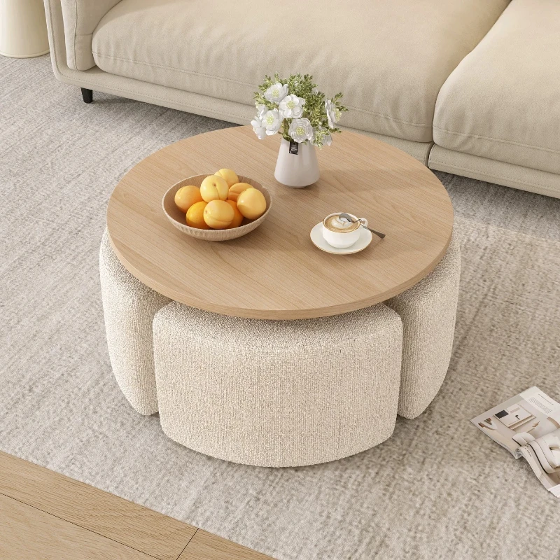 Wooden Round Coffee Table Fabric Stools Space Saving Combination Living Room Center Table Dining Creative Couchtisch Furniture