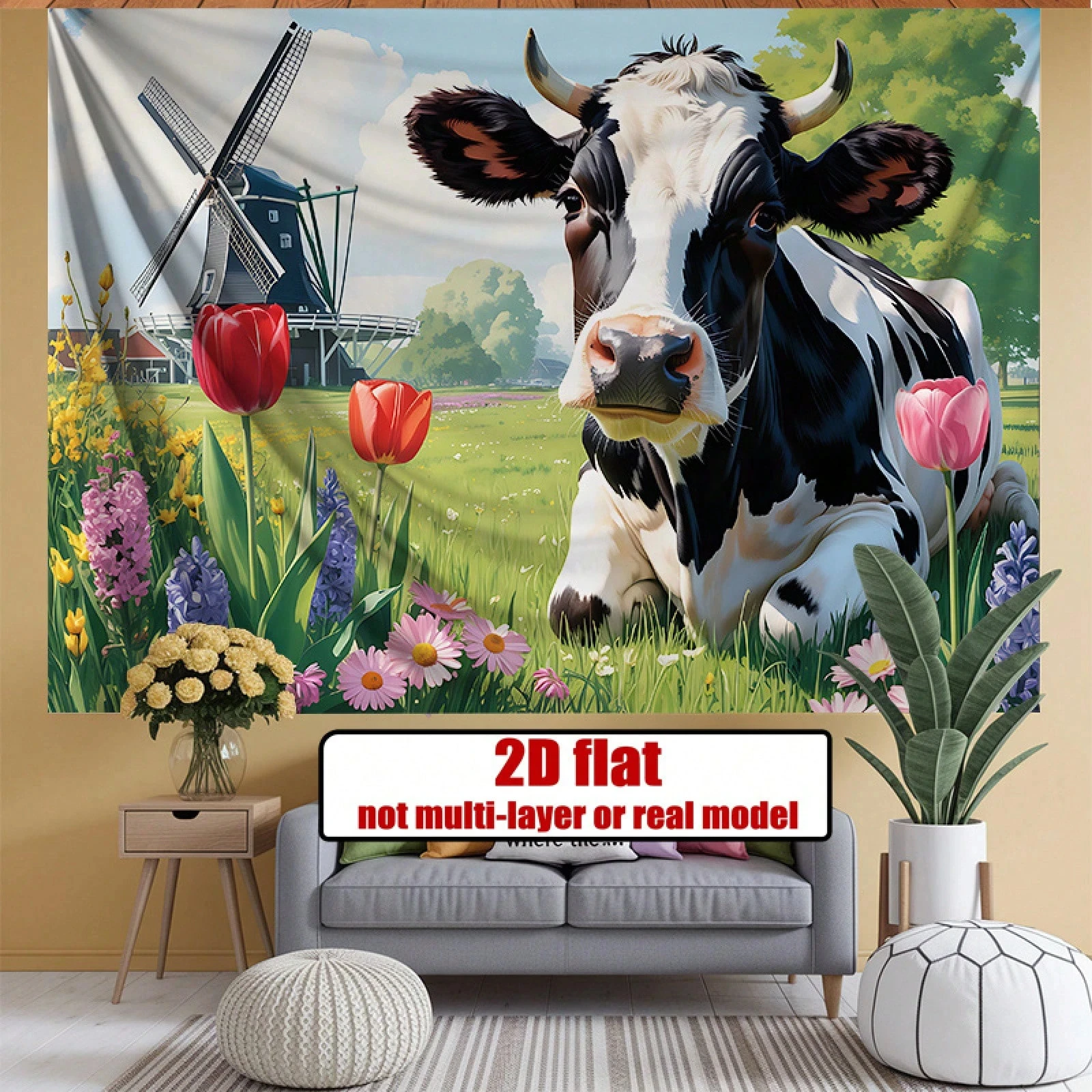 2D Flat Dutch Rural Cow Banner Wall Hanging Home Party Photo Background