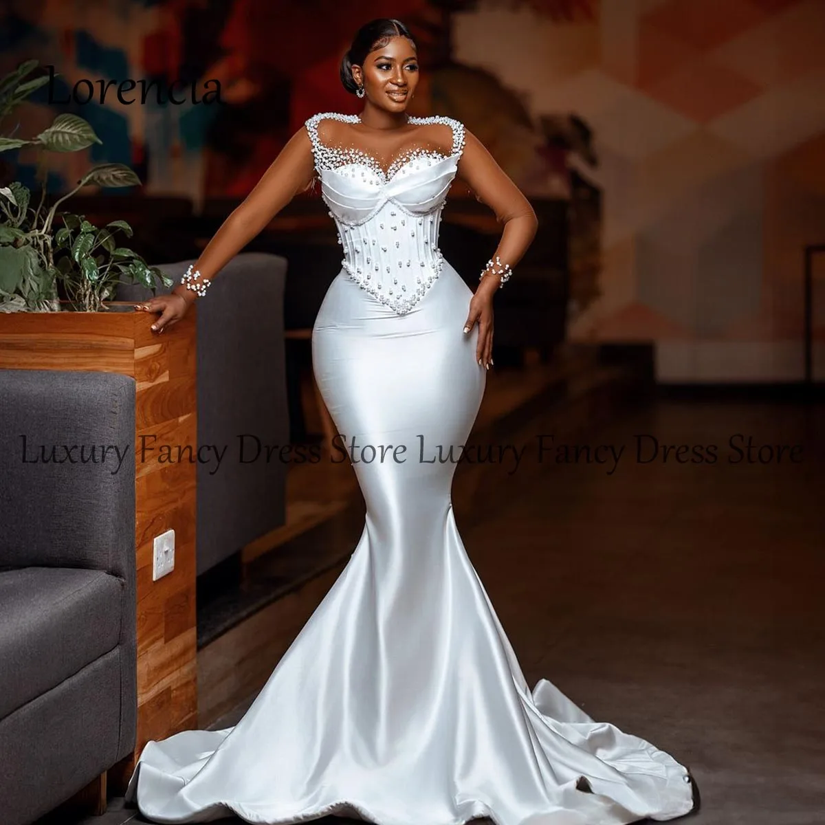 

Glitter Pearls Long Mermaid Wedding Dresses For Black Girl Flowers Diamond Bridal Gowns Formal Sweep Train robe de mariée