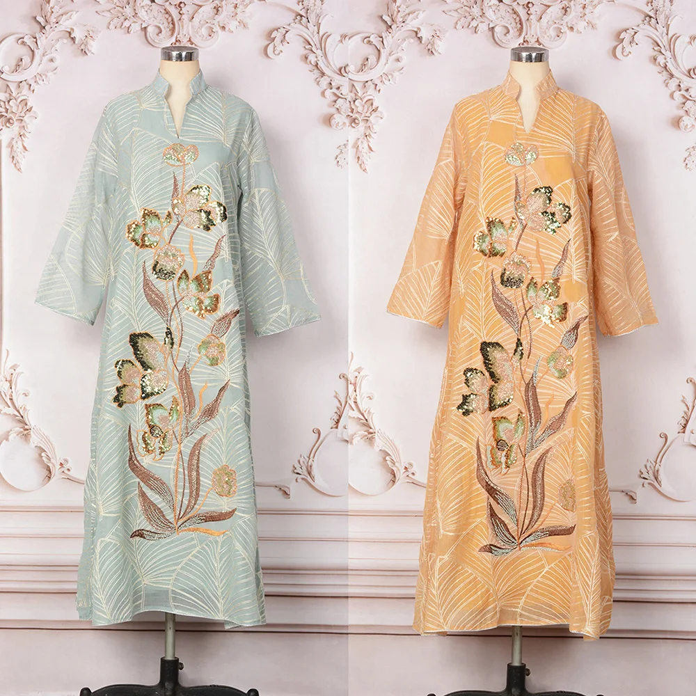 Middle East Muslim New Fashion Women's Casual Trendy Embroideried Sequined Loose V-neck Long Sleeve Elegant Ceremonial Dresses
