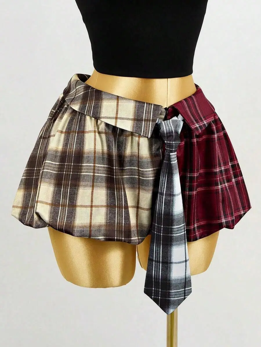 

Womens Plaid Patchwork A-Line Flared Mini Skirt Casual Style