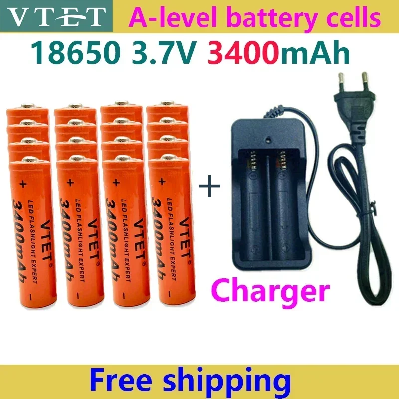 18650 충전식 배터리, 3.7V 18650 3400mAh 용량, 리튬 이온 충전식 배터리, 손전등 토치 배터리 및 충전기