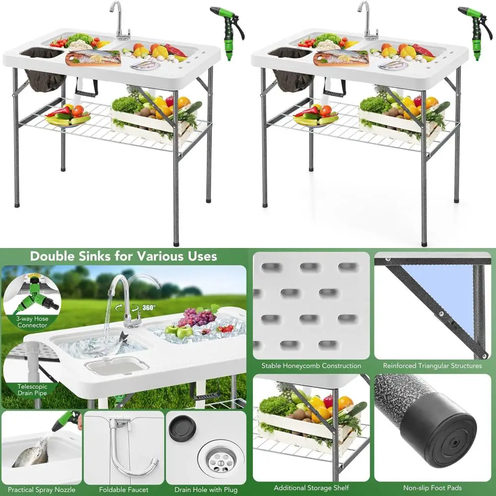 

Portable Camping Table with Sinks, Drainage, and Sprayer for Washing and Picnicking