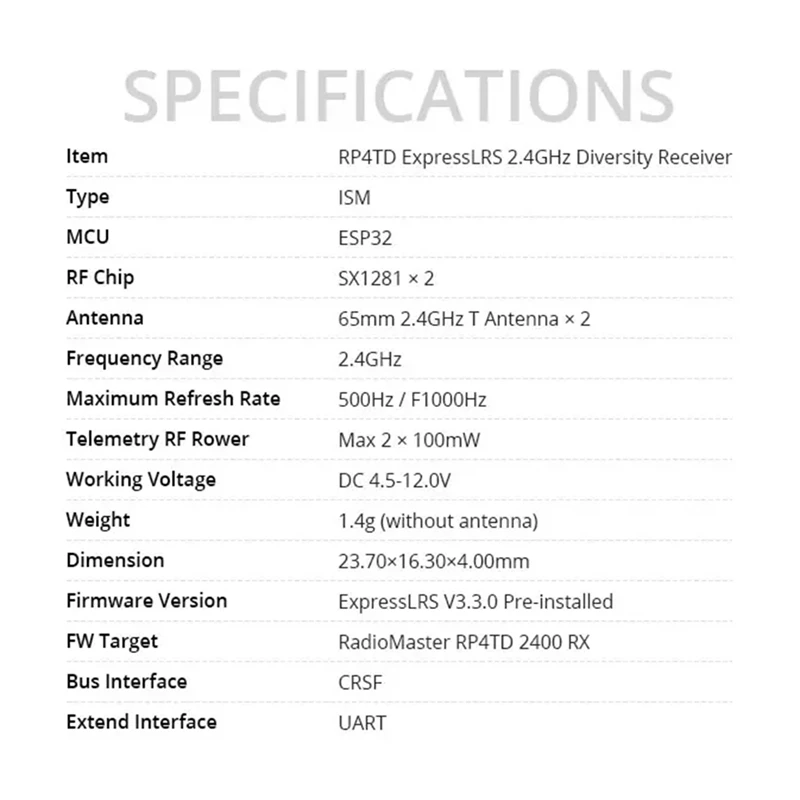 라디오마스터 RP4TD ELRS 2.4Ghz 다이버시티 리시버 Expressrs RX 내장 와이파이 듀얼 TCXO, RC FPV 드론용